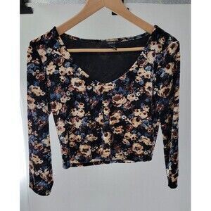 Y2K Cropped Floral Velvet Top Black Long Sleeve Forever 21 Stretch Purple